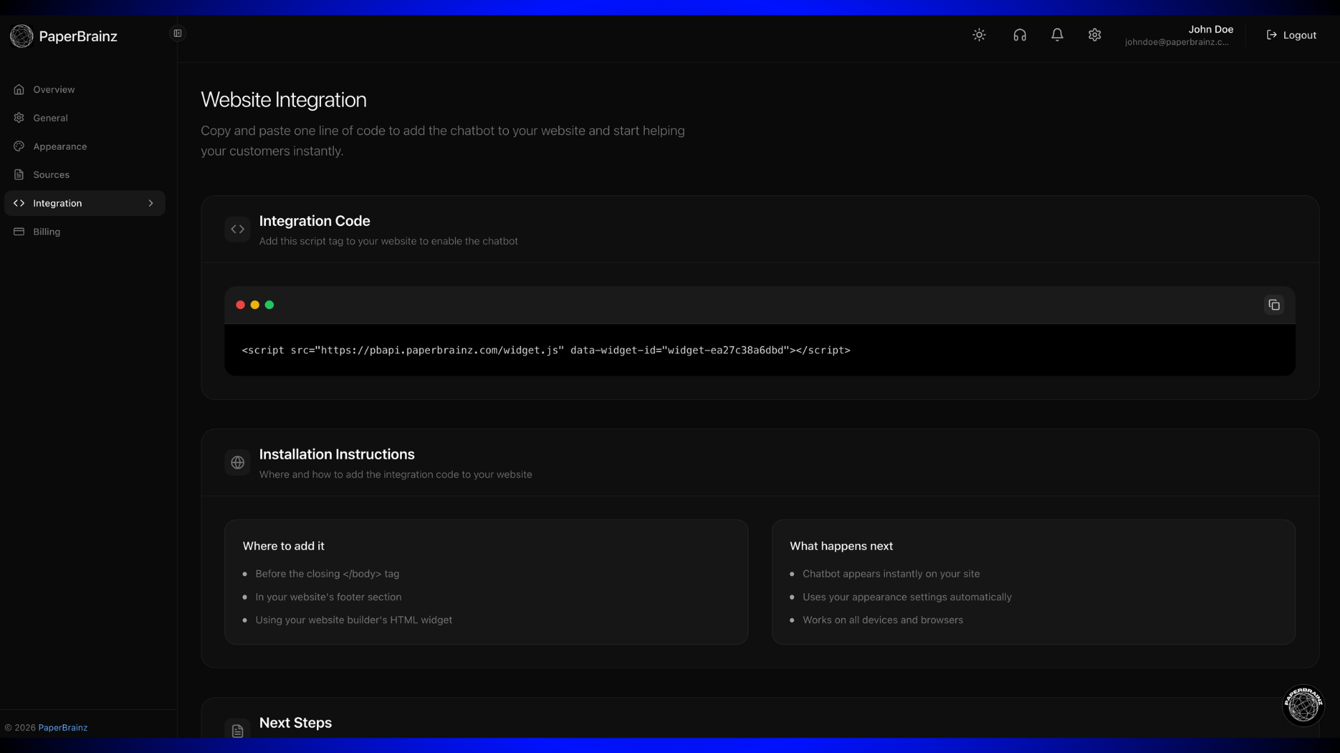 PaperBrainz website integration page with embed code snippet and installation instructions