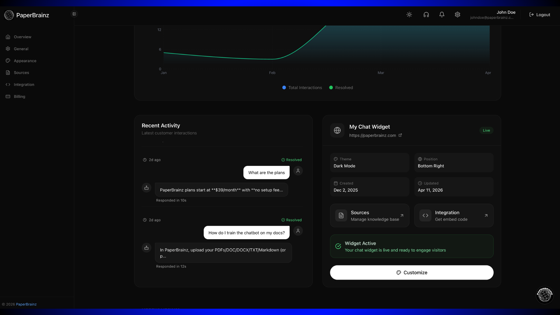 PaperBrainz recent activity feed and chat widget manager with quick settings