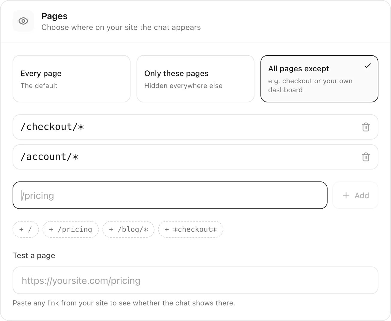 Visibility settings: every page except checkout and account pages