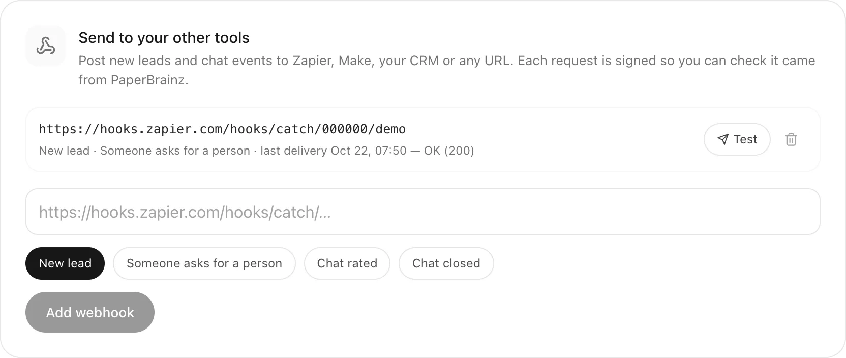 A webhook sending new leads to Zapier