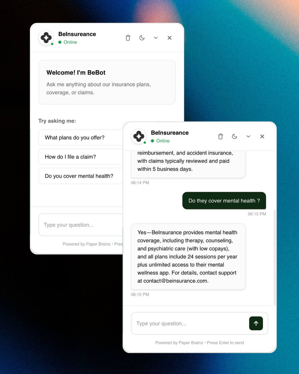 PaperBrainz chat widget answering customer questions