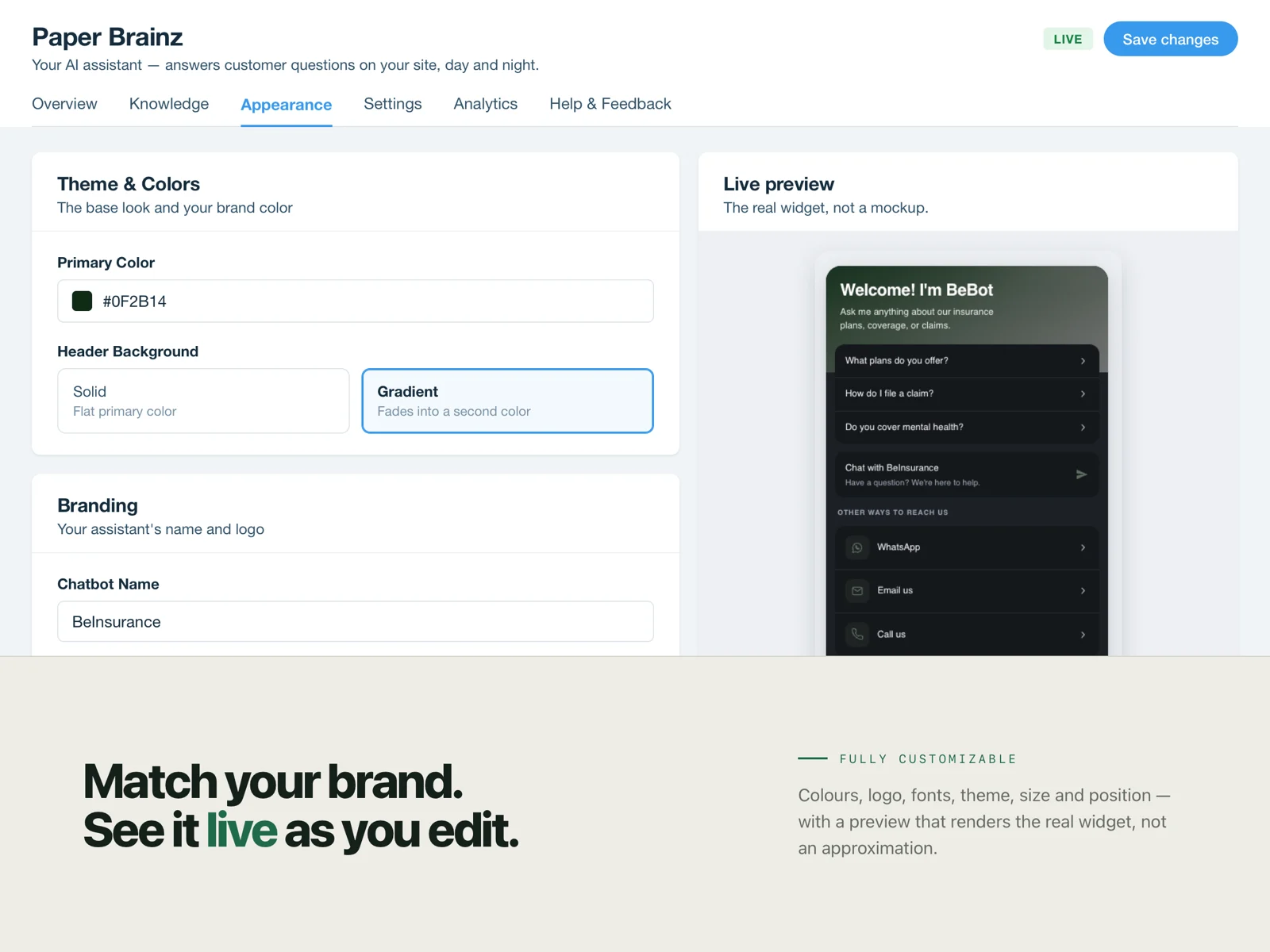 The appearance editor with colour and branding controls beside a live widget preview