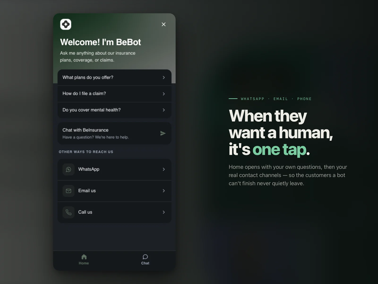The widget home screen listing suggested questions above WhatsApp, email and phone contact options