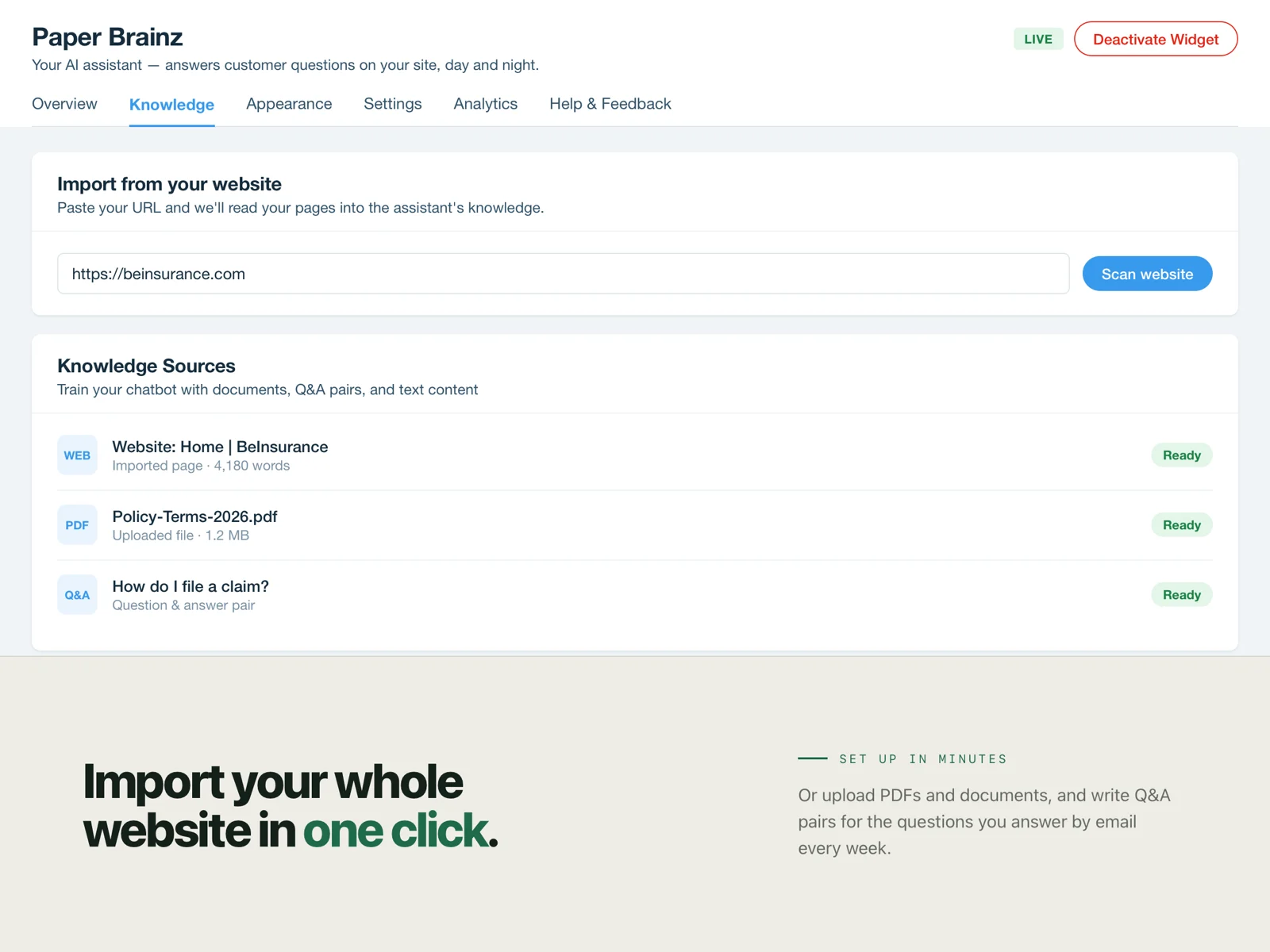 The knowledge dashboard importing a website alongside an uploaded PDF and a Q&A pair