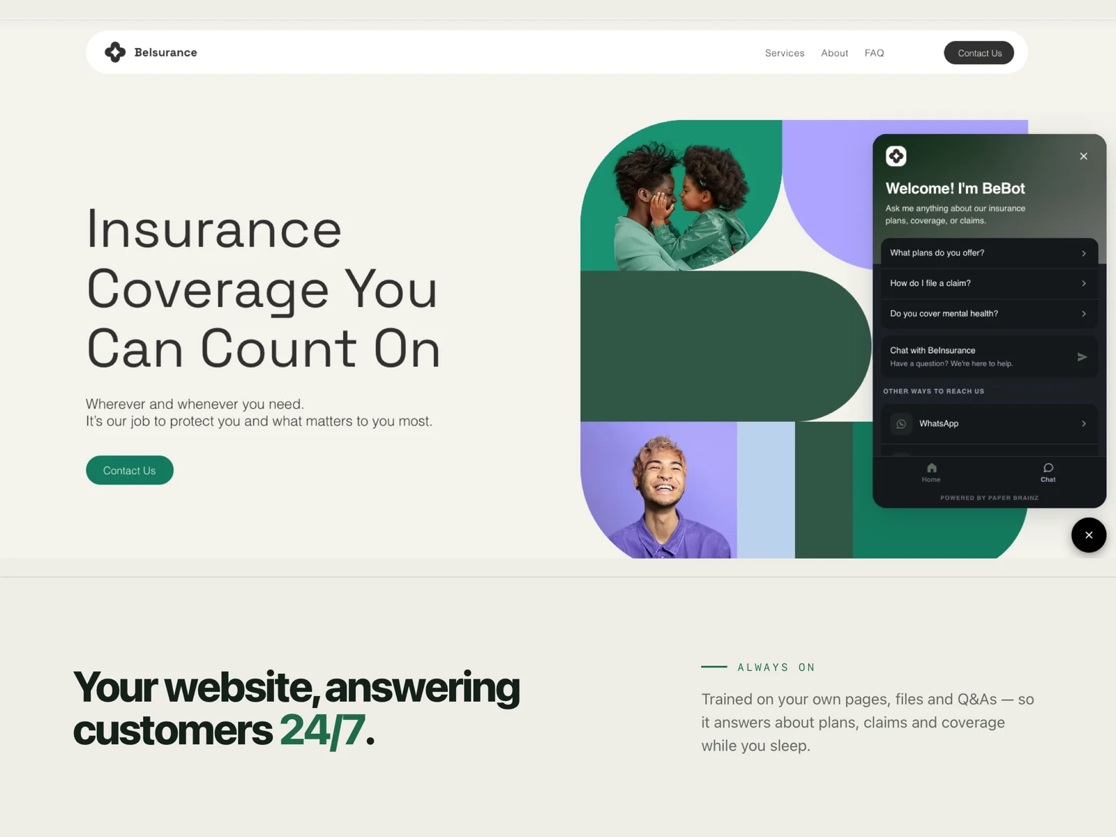 A live website with the PaperBrainz chat widget open in the corner